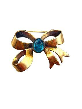 Vintage Bow Pin Brooch Gold Filled Ribbon Bow Blue Glass Rhinestone